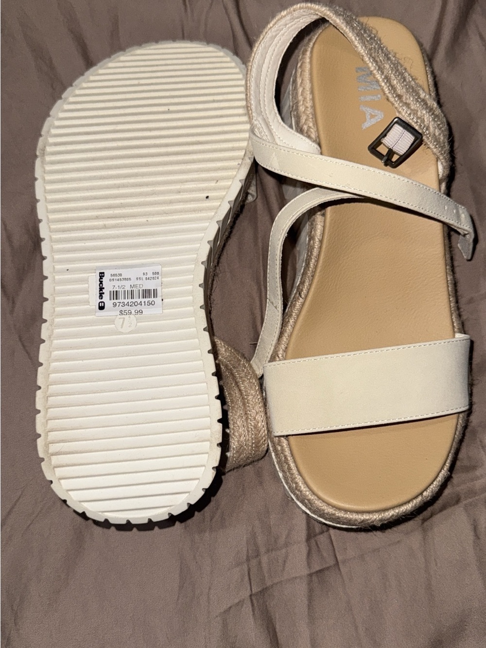 Buckle White Leather Platform Sandals with Braided Espadrille Trim